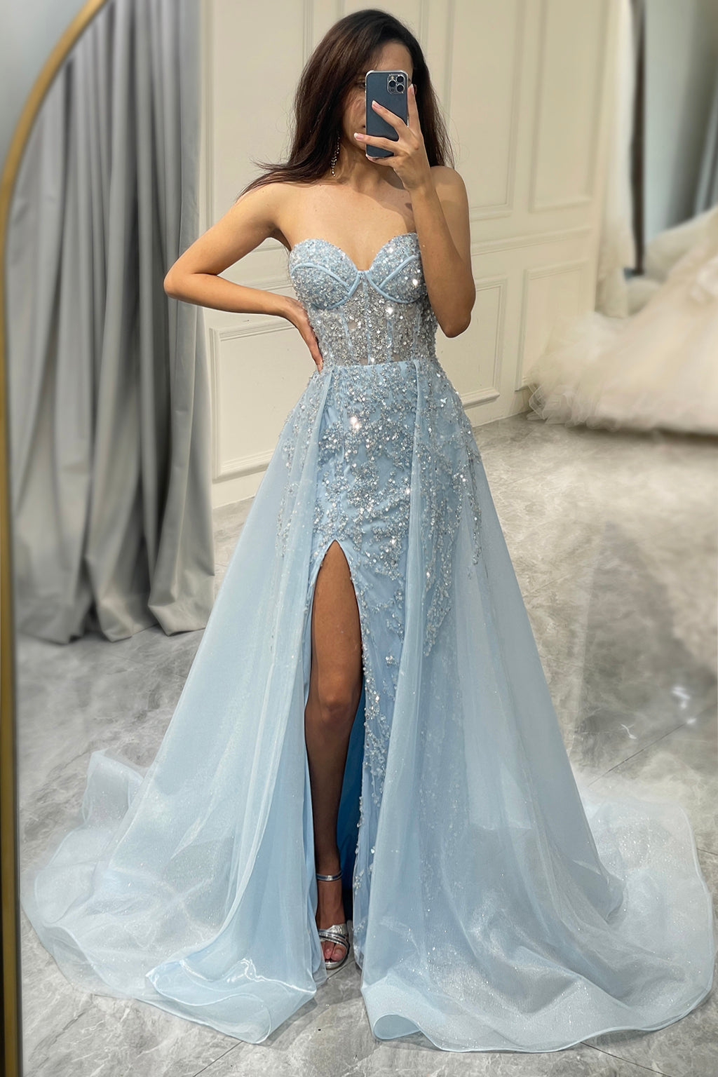 WEDTREND Women Sparkly Prom Dress Light Blue A Line Sweetheart Long Evening  Party Dress With Sequins