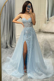 Glitter Light Blue Long Corset Beaded Prom Dress With Slit