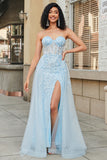 Sparkly Light Blue A Line Sweetheart Sequin Long Prom Dress With Slit