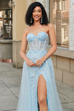 Sparkly Light Blue A Line Sweetheart Sequin Long Prom Dress With Slit