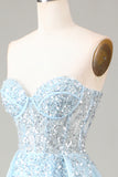 Sparkly Light Blue A Line Sweetheart Long Prom Dress With Sequins