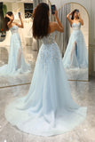 Glitter Light Blue Long Corset Beaded Prom Dress With Slit