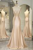 Champagne Mermaid Spaghetti Straps Backless Long Prom Dress