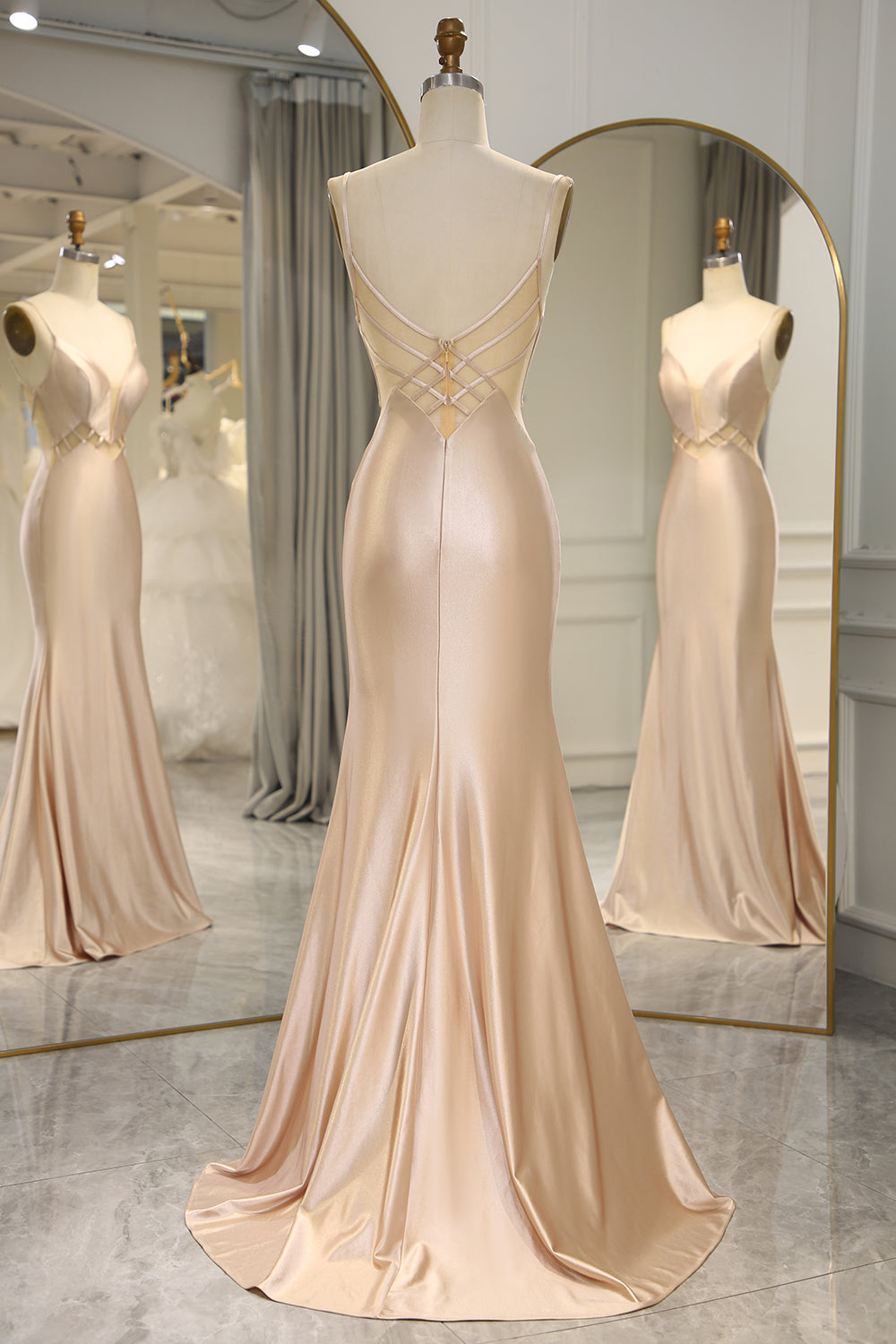 Champagne Mermaid Spaghetti Straps Backless Long Prom Dress