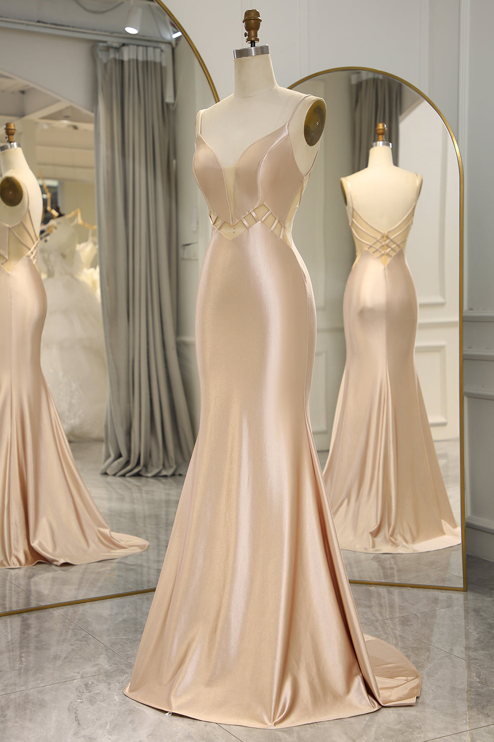Champagne Mermaid Spaghetti Straps Backless Long Prom Dress