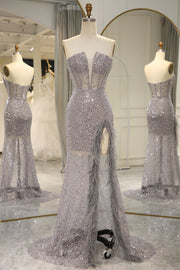 Mermaid Sparkly Grey Sequin Corset Long Prom Dress With Feather Slit