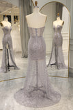 Mermaid Sparkly Grey Sequin Corset Long Prom Dress With Feather Slit