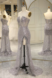 Mermaid Sparkly Grey Sequin Corset Long Prom Dress With Feather Slit