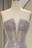 Mermaid Sparkly Grey Sequin Corset Long Prom Dress With Feather Slit