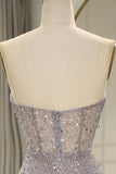 Mermaid Sparkly Grey Sequin Corset Long Prom Dress With Feather Slit