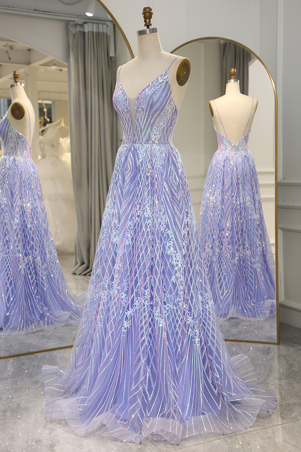 Sparkly Lilac A-Line Backless Long Prom Dress With Appliques