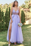 Lavender A-Line Spaghetti Straps Tulle Prom Dress with Beading