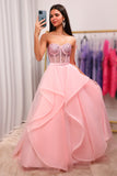 Pink A Line Sweetheart Strapless Long Prom Dress With Beading