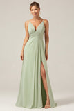 Dusty Sage A-Line Spaghetti Straps Pleated Chiffon Maternity Bridesmaid Dress With Slit