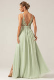 Dusty Sage A-Line Spaghetti Straps Pleated Chiffon Maternity Bridesmaid Dress With Slit