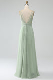 Dusty Sage A-Line Spaghetti Straps Pleated Chiffon Bridesmaid Dress