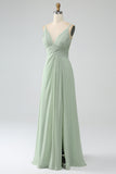 Dusty Sage A-Line Spaghetti Straps Pleated Chiffon Bridesmaid Dress