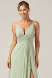 Dusty Sage A-Line Spaghetti Straps Pleated Chiffon Maternity Bridesmaid Dress With Slit