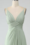 Dusty Sage A-Line Spaghetti Straps Pleated Chiffon Bridesmaid Dress