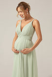 Dusty Sage A-Line Spaghetti Straps Pleated Chiffon Maternity Bridesmaid Dress With Slit