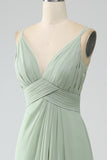 Dusty Sage A-Line Spaghetti Straps Pleated Chiffon Bridesmaid Dress