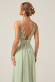 Dusty Sage A-Line Spaghetti Straps Pleated Chiffon Maternity Bridesmaid Dress With Slit