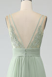 Dusty Sage A-Line Spaghetti Straps Pleated Chiffon Bridesmaid Dress