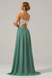 Eucalyptus A-Line Spaghetti Straps Pleated Long Bridesmaid Dress With Lace