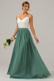 Eucalyptus A-Line Spaghetti Straps Pleated Long Bridesmaid Dress With Lace