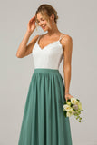 Eucalyptus A-Line Spaghetti Straps Pleated Long Bridesmaid Dress With Lace