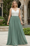 Eucalyptus Plus Size A-Line Spaghetti Straps Pleated Long Bridesmaid Dress With Lace