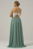 Eucalyptus Plus Size A-Line Spaghetti Straps Pleated Long Bridesmaid Dress With Lace