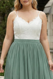 Eucalyptus Plus Size A-Line Spaghetti Straps Pleated Long Bridesmaid Dress With Lace