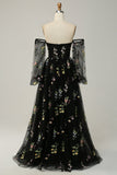 Champagne A-Line Off The Shoulder Floor Length Dress With Embroidery