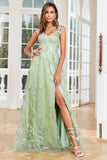 Green A Line Square Neck Corset Prom Dress with 3D Butterflies