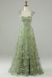Green A Line Square Neck Corset Long Tulle Formal Party Dress with 3D Butterflies