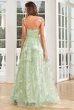 Green A Line Square Neck Corset Prom Dress with 3D Butterflies