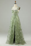 Green A Line Square Neck Corset Long Tulle Formal Party Dress with 3D Butterflies
