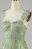 Green A Line Square Neck Corset Prom Dress with 3D Butterflies