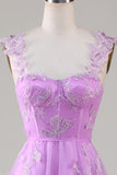 Purple A Line Square Neck Corset Long Prom Dress with 3D Butterflies