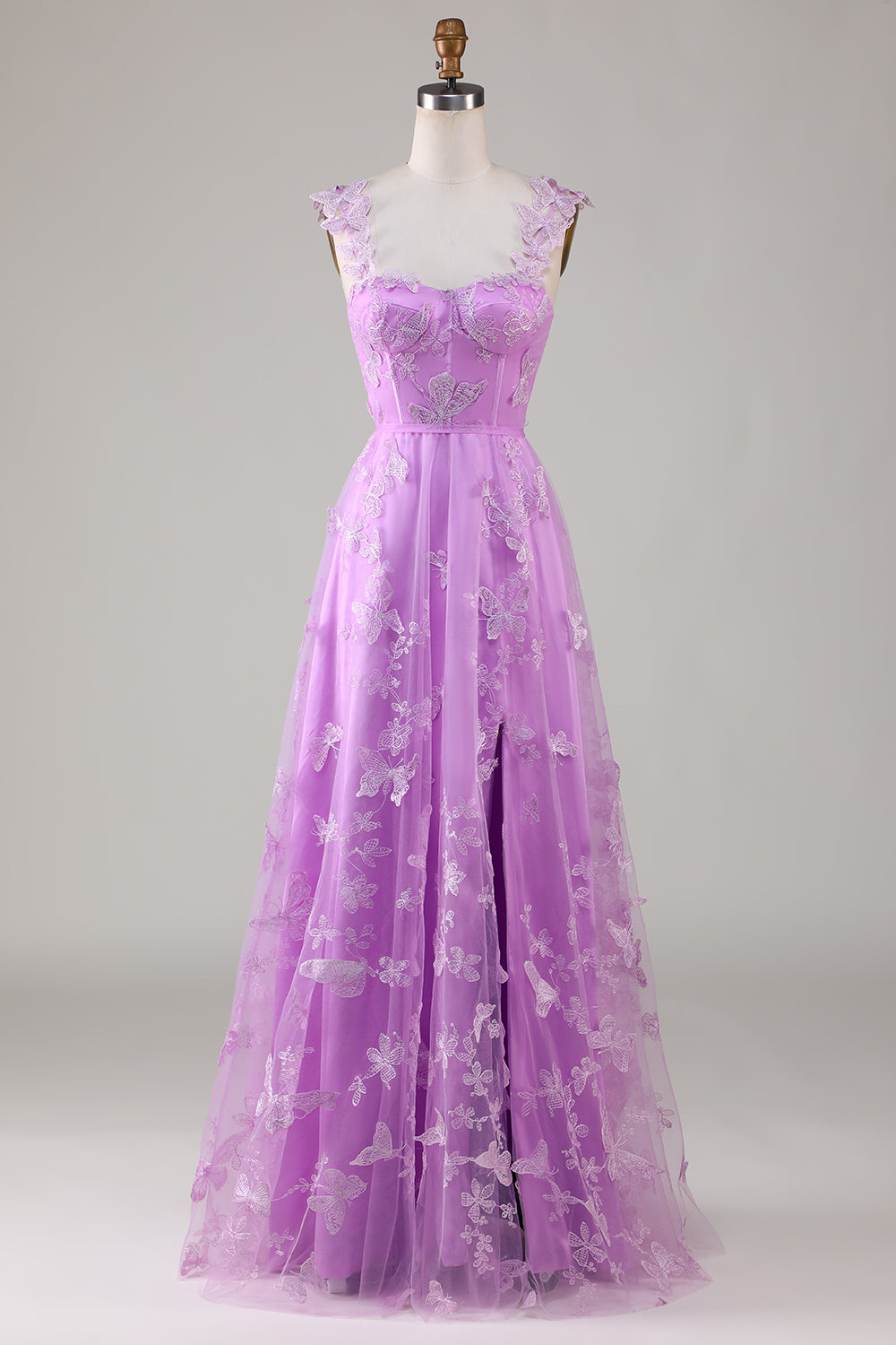 Purple A Line Square Neck Corset Long Prom Dress with 3D Butterflies