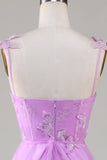 Purple A Line Square Neck Corset Long Prom Dress with 3D Butterflies