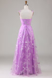 Purple A Line Square Neck Corset Long Prom Dress with 3D Butterflies