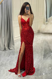 Glitter Red Mermaid Corset Long Mirror Prom Dress With Slit