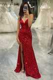 Glitter Red Mermaid Corset Long Mirror Prom Dress With Slit