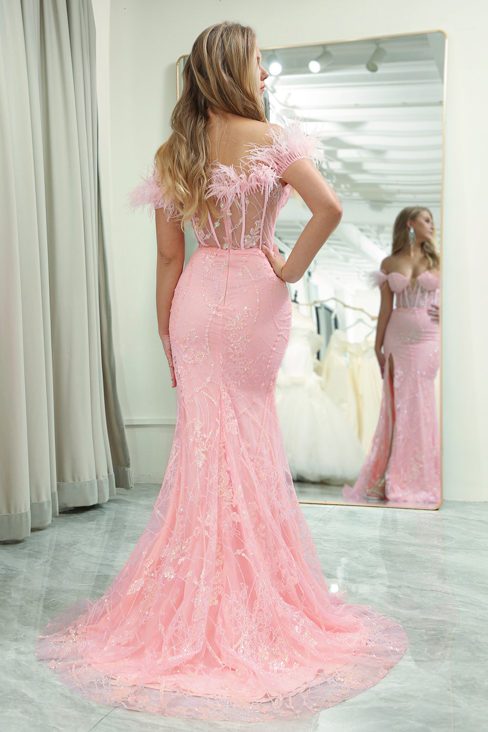Sparkly Pink Mermaid Off the Shoulder Feathers Corset Prom Dress with Slit