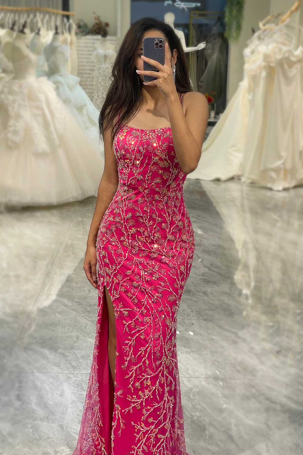 Sparkly Fuchsia Mermaid Long Sequins Prom Dress With Slit