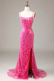 Sparkly Fuchsia Sheath Spaghetti Straps Sequins Prom Dress with Split Front