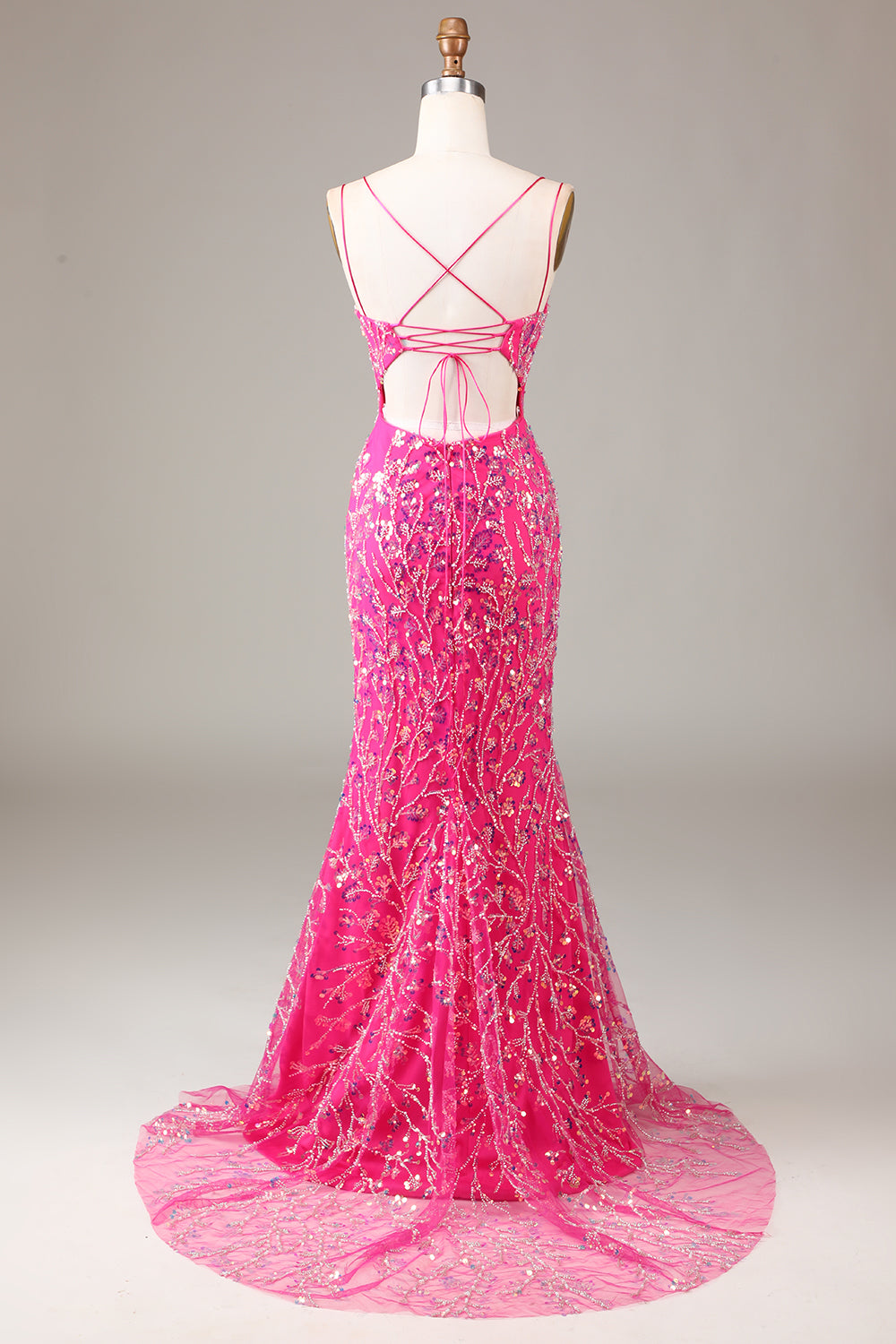 Sparkly Fuchsia Sheath Spaghetti Straps Sequins Prom Dress with Split Front