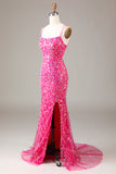 Sparkly Fuchsia Sheath Spaghetti Straps Sequins Prom Dress with Split Front